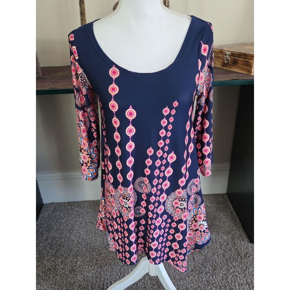 White Mark Navy Tunic with Pink Floral Accents
